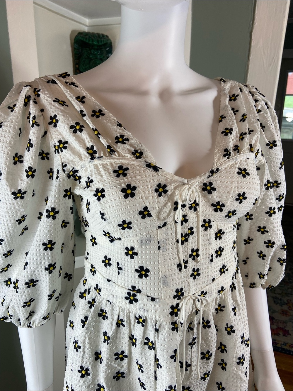 For Love & Lemons Connie White Babydoll Mini Dress Black Floral Print Small S - Picture 8 of 14